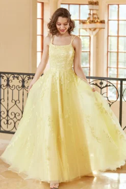 Lindo um espaguete de linha tiras amarelo longo vestido de baile com apliques