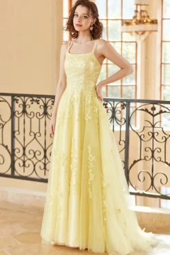 Lindo um espaguete de linha tiras amarelo longo vestido de baile com apliques