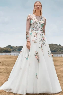 Lindo uma linha de tule mangas longas longo vestido de noiva de marfim com bordado