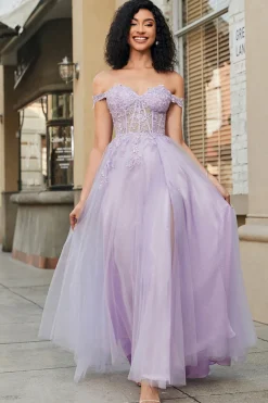 Lindo uma linha fora do ombro roxo espartilho vestido de baile com apliques
