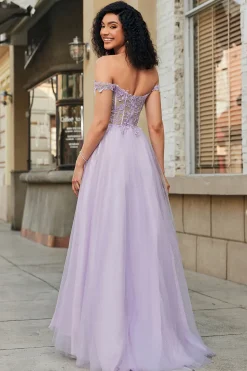 Lindo uma linha fora do ombro roxo espartilho vestido de baile com apliques
