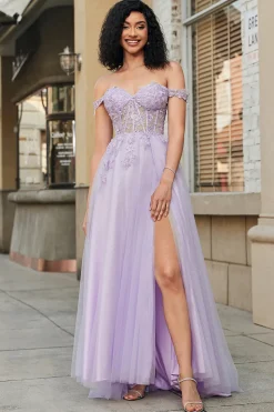 Lindo uma linha fora do ombro roxo espartilho vestido de baile com apliques