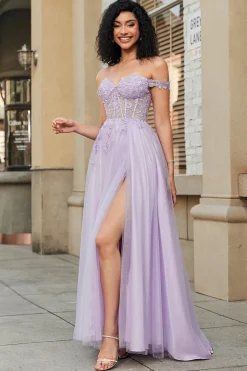 Lindo uma linha fora do ombro roxo espartilho vestido de baile com apliques