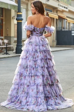 Lindo uma linha fora do ombro lavanda estampado vestido longo baile de formatura com babados
