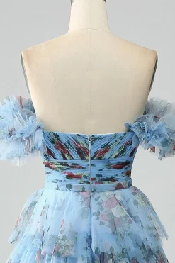 Lindo uma linha fora do ombro lavanda estampado vestido longo baile de formatura com babados