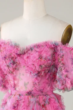 Lindo uma linha fora do ombro Fuchsia Tulle vestido curto Homecoming com mangas curtas