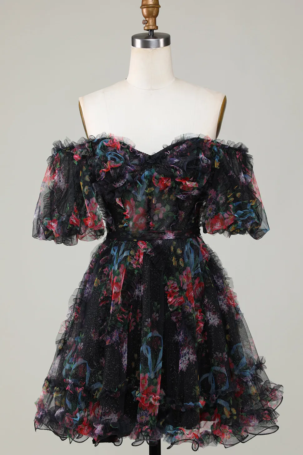Lindo uma linha fora do ombro Fuchsia Tulle vestido curto Homecoming com mangas curtas