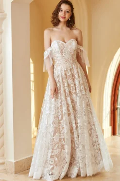 Lindo uma linha fora do ombro vestido de noiva renda branca
