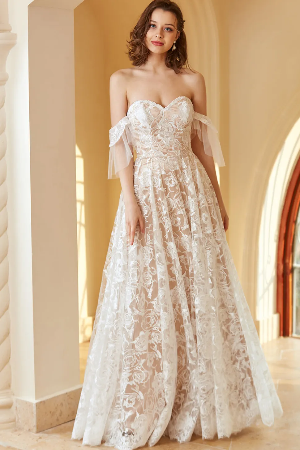 Lindo uma linha fora do ombro vestido de noiva renda branca