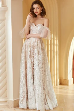 Lindo uma linha fora do ombro vestido de noiva renda branca
