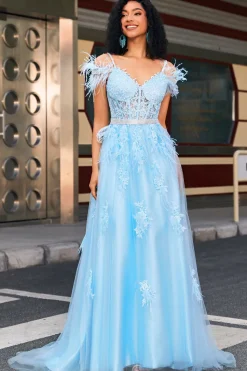Lindo uma linha fora do ombro azul claro espartilho vestido de baile com pena