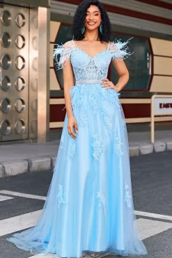 Lindo uma linha fora do ombro azul claro espartilho vestido de baile com pena