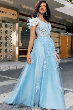 Lindo uma linha fora do ombro azul claro espartilho vestido de baile com pena