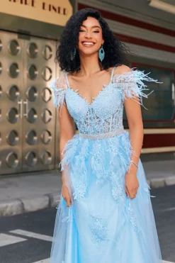 Lindo uma linha fora do ombro azul claro espartilho vestido de baile com pena