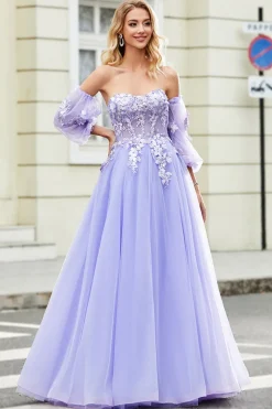 Lindo uma linha fora do ombro lavanda espartilho vestido de baile com apliques