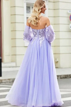 Lindo uma linha fora do ombro lavanda espartilho vestido de baile com apliques
