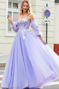 Lindo uma linha fora do ombro lavanda espartilho vestido de baile com apliques