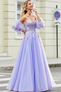 Lindo uma linha fora do ombro lavanda espartilho vestido de baile com apliques