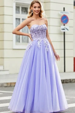 Lindo uma linha fora do ombro lavanda espartilho vestido de baile com apliques