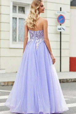 Lindo uma linha fora do ombro lavanda espartilho vestido de baile com apliques