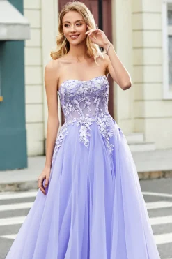 Lindo uma linha fora do ombro lavanda espartilho vestido de baile com apliques