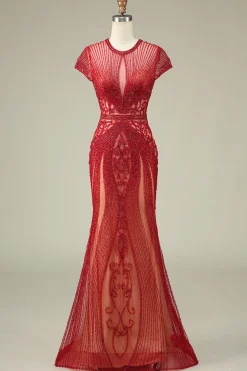 Lindo Vestido de Baile de Baile de Joia de Sereia Pescoço Borgonha com Missangas