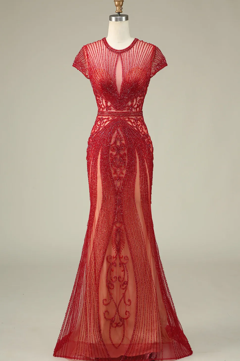 Lindo Vestido de Baile de Baile de Joia de Sereia Pescoço Borgonha com Missangas