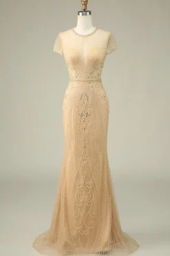 Lindo Vestido de Baile de Baile de Joia de Sereia Pescoço Borgonha com Missangas