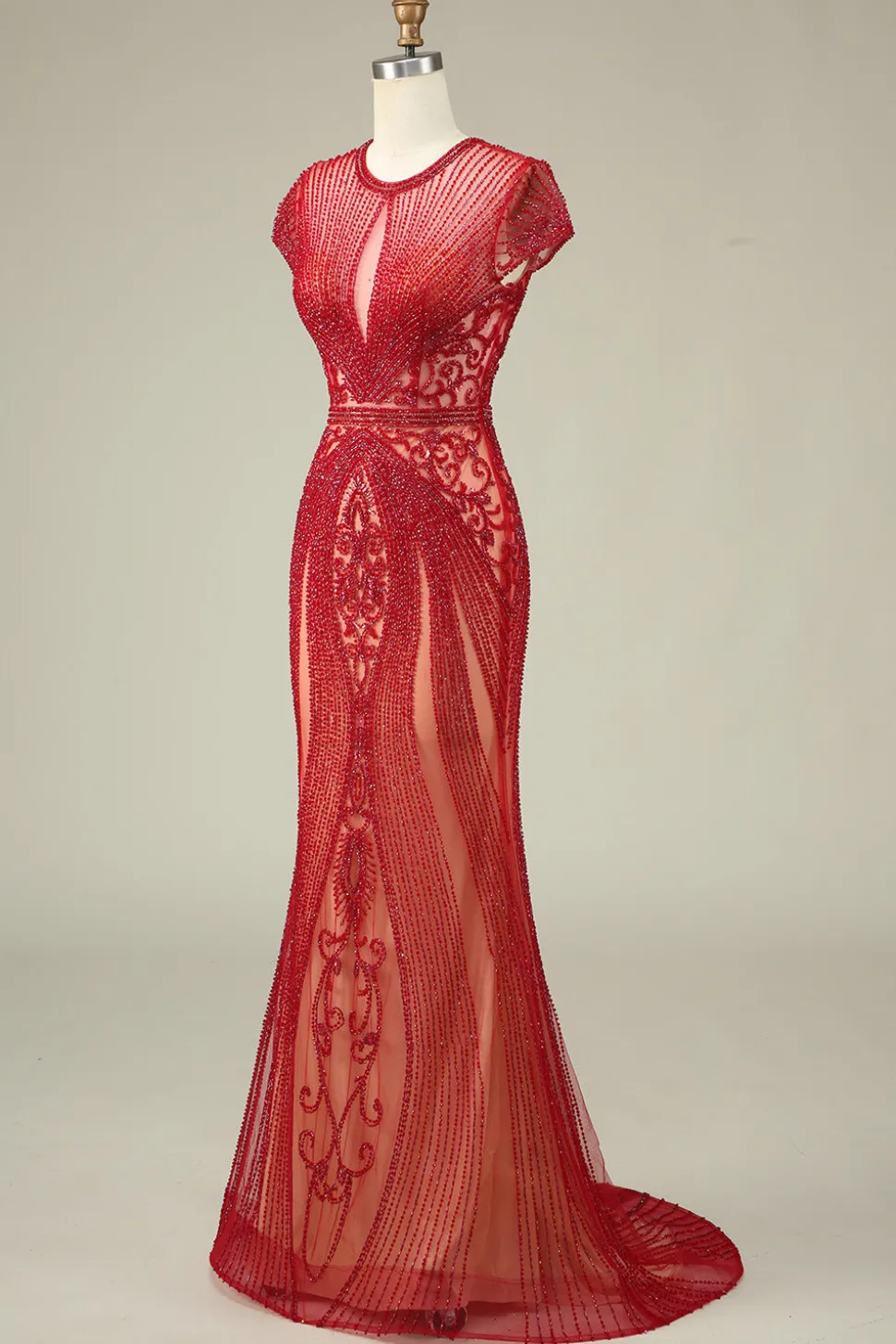 Lindo Vestido de Baile de Baile de Joia de Sereia Pescoço Borgonha com Missangas