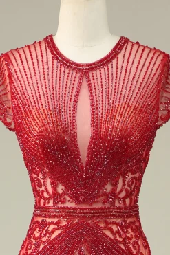 Lindo Vestido de Baile de Baile de Joia de Sereia Pescoço Borgonha com Missangas