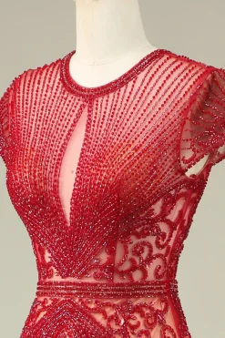 Lindo Vestido de Baile de Baile de Joia de Sereia Pescoço Borgonha com Missangas