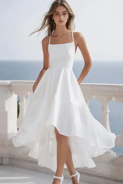 Linha-A Alças Finas Chiffon Midi Vestidinho Branco