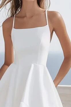Linha-A Alças Finas Chiffon Midi Vestidinho Branco