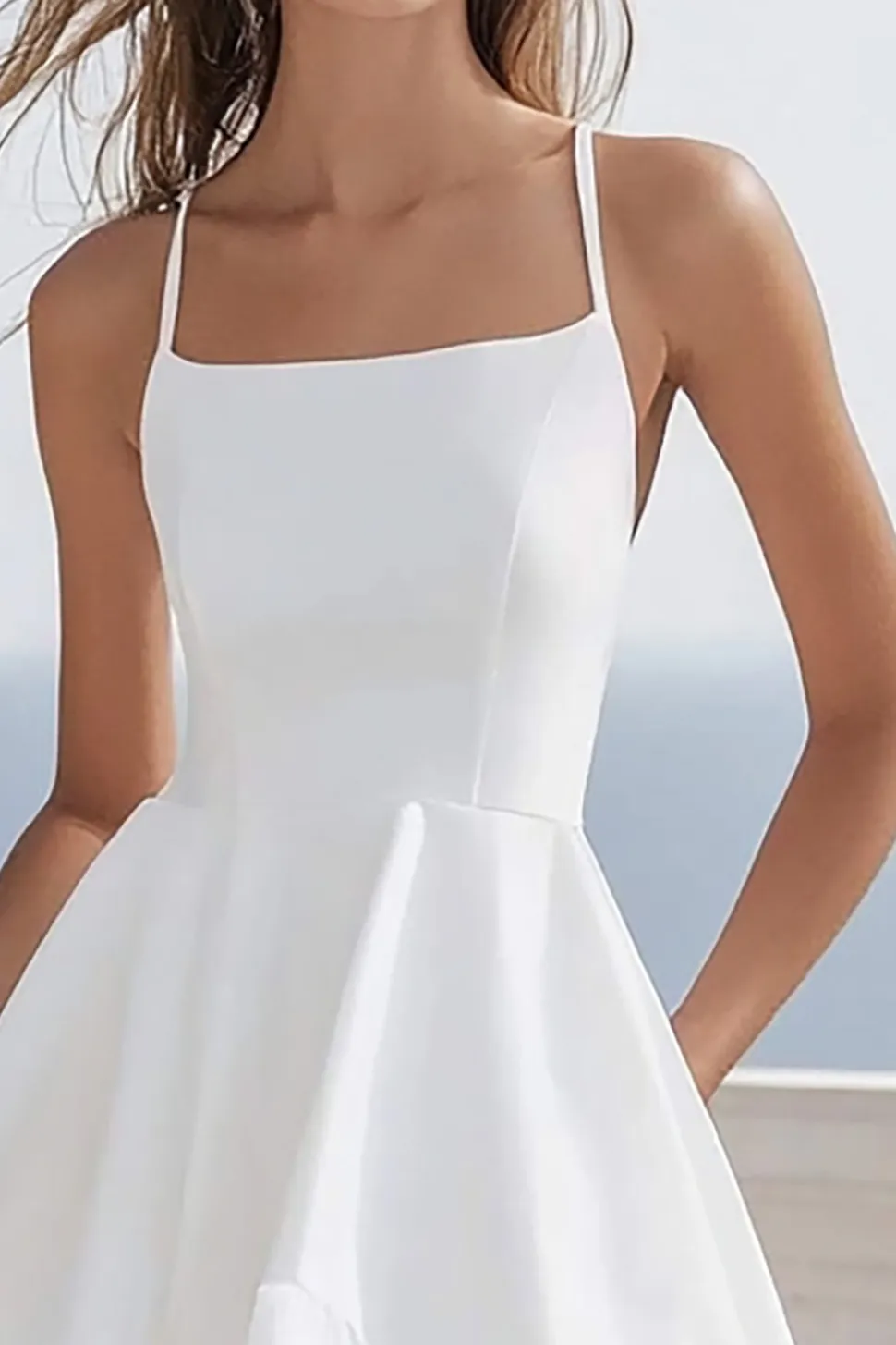 Linha-A Alças Finas Chiffon Midi Vestidinho Branco