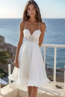 Linha-A Alças Finas Renda Midi Vestidinho Branco