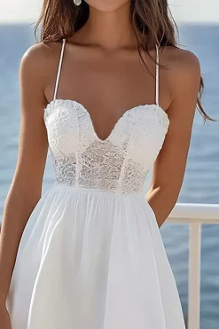 Linha-A Alças Finas Renda Midi Vestidinho Branco