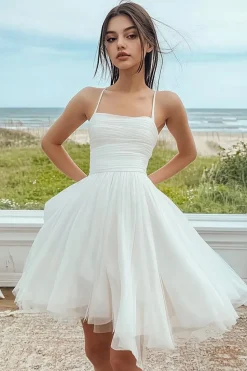 Linha-A Alças Finas Tule Curto/Mini Vestidinho Branco