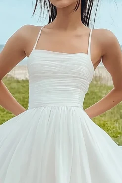 Linha-A Alças Finas Tule Curto/Mini Vestidinho Branco