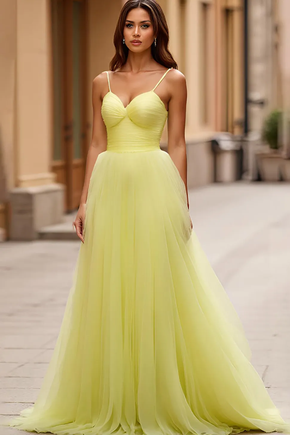 Linha-A Amarelo Tule Decote Em Coração Plissado Longo Vestido de Baile