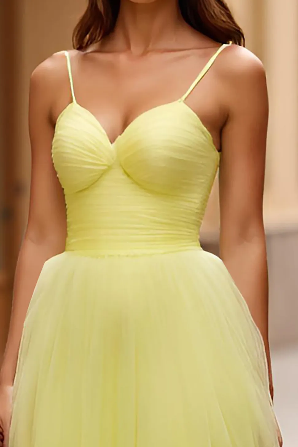 Linha-A Amarelo Tule Decote Em Coração Plissado Longo Vestido de Baile