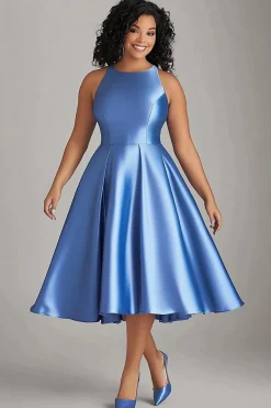Linha-A Azul Cetim Midi Tamanhos Grandes Midi Vestido Mae Noiva