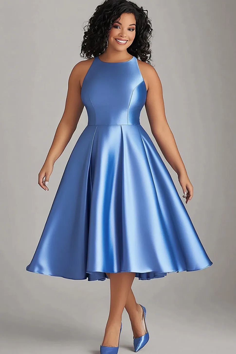 Linha-A Azul Cetim Midi Tamanhos Grandes Midi Vestido Mae Noiva