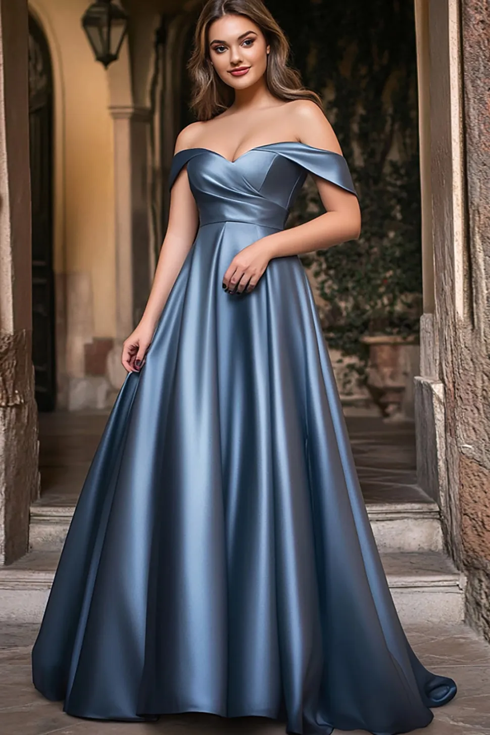 Linha-A Azul Empoeirado Fora do Ombro Plissado Longo Vestido de Baile
