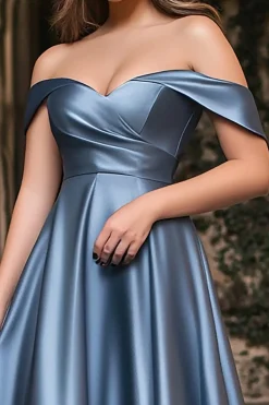 Linha-A Azul Empoeirado Fora do Ombro Plissado Longo Vestido de Baile