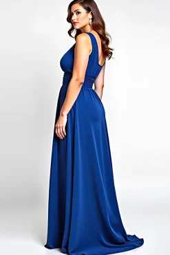 Linha-A Azul Real Um Ombro Longo Vestido Mae Noiva