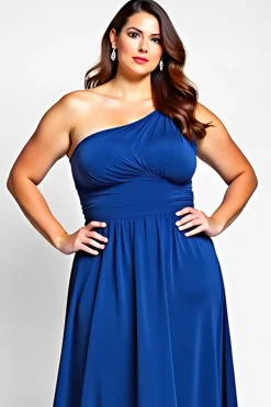 Linha-A Azul Real Um Ombro Longo Vestido Mae Noiva