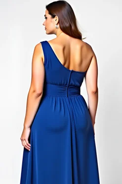 Linha-A Azul Real Um Ombro Longo Vestido Mae Noiva