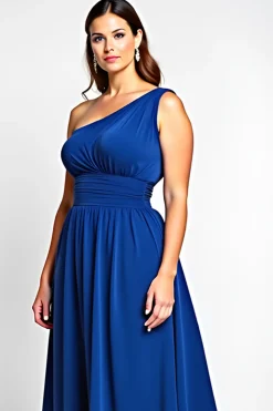 Linha-A Azul Real Um Ombro Longo Vestido Mae Noiva