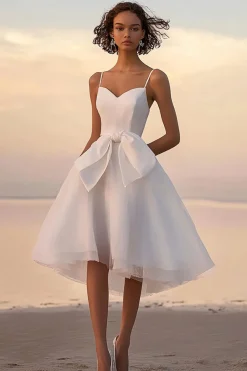 Linha-A Cetim Alças Finas Midi Vestidinho Branco com Laços