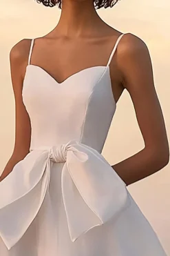 Linha-A Cetim Alças Finas Midi Vestidinho Branco com Laços